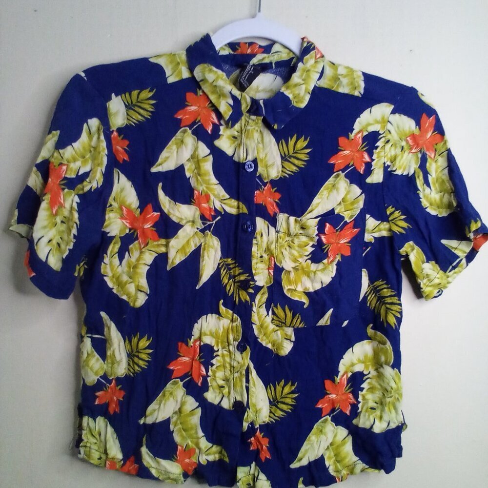 Forever 21 Shirt Women S Button Up Short Sleeve Tropical Hawaiian Blue Yellow - Picture 2 of 15
